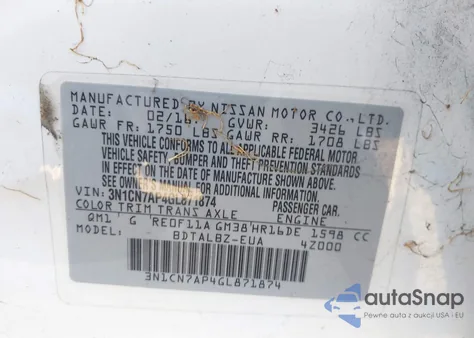 2016 Nissan Versa 1.6 S/1.6 S+/1.6 Sl/1.6 Sv z USA, uszkodzony, nr VIN 3N1CN7AP4GL871874